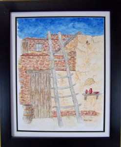 Two Story Pueblo $270. framed 16x20 